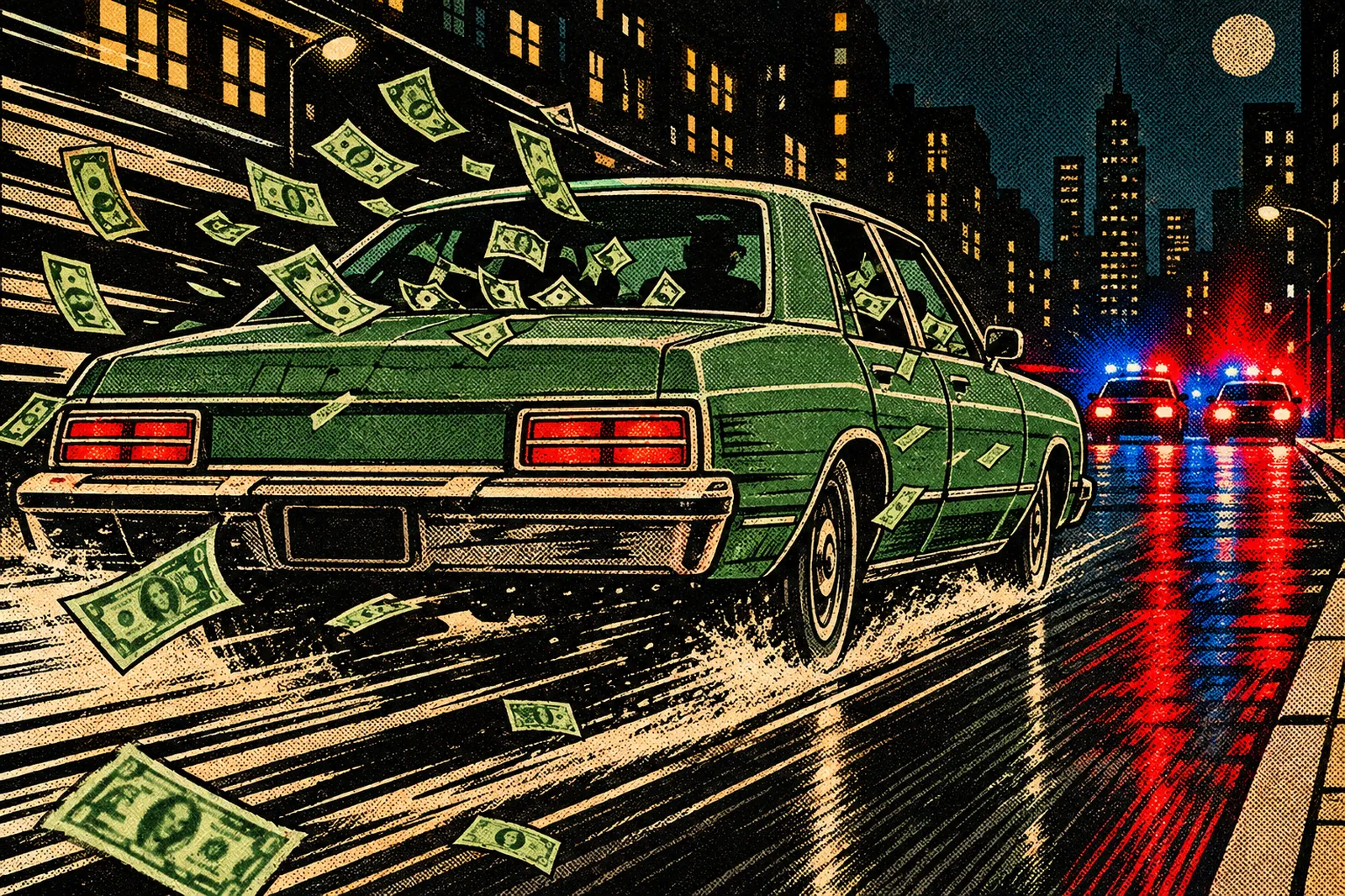 A green getaway sedan speeding off at night with cash flying out the windows and police lights behind it