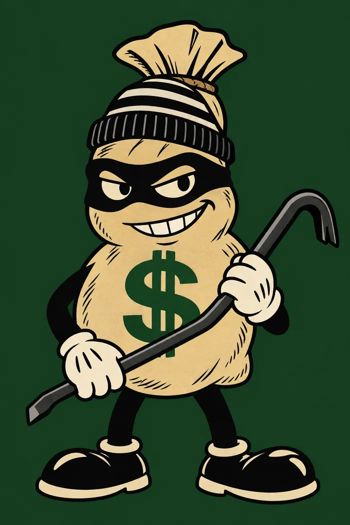 Bags, a burlap money bag in a robber mask and striped beanie holding a crowbar
